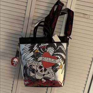 Ed Hardy "Love Kills Slowly" faux leather large backpack tote handbag